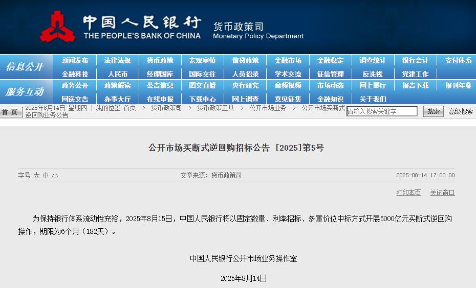 央行：8月15日將開展5000億元買斷式逆回購操作
